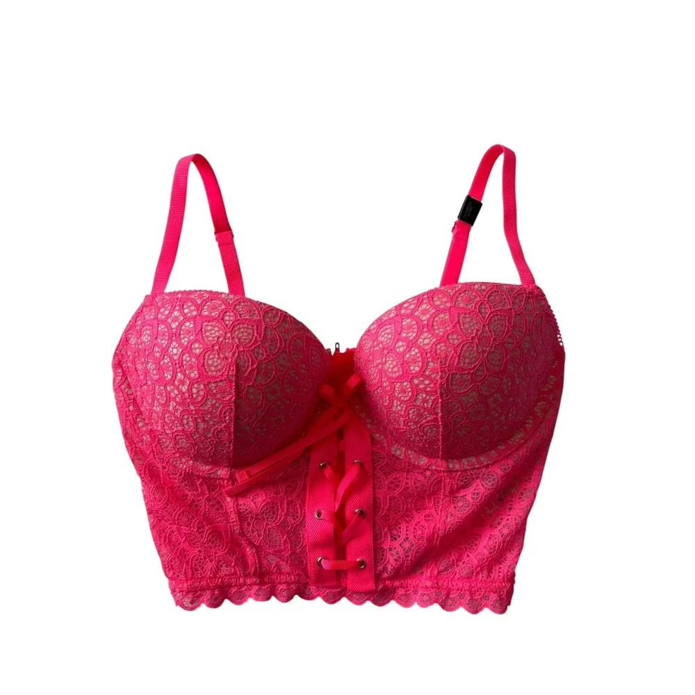 Victoria's Secret Hot Pink Lace Corset Bustier Top 34D Underwire Zip Back